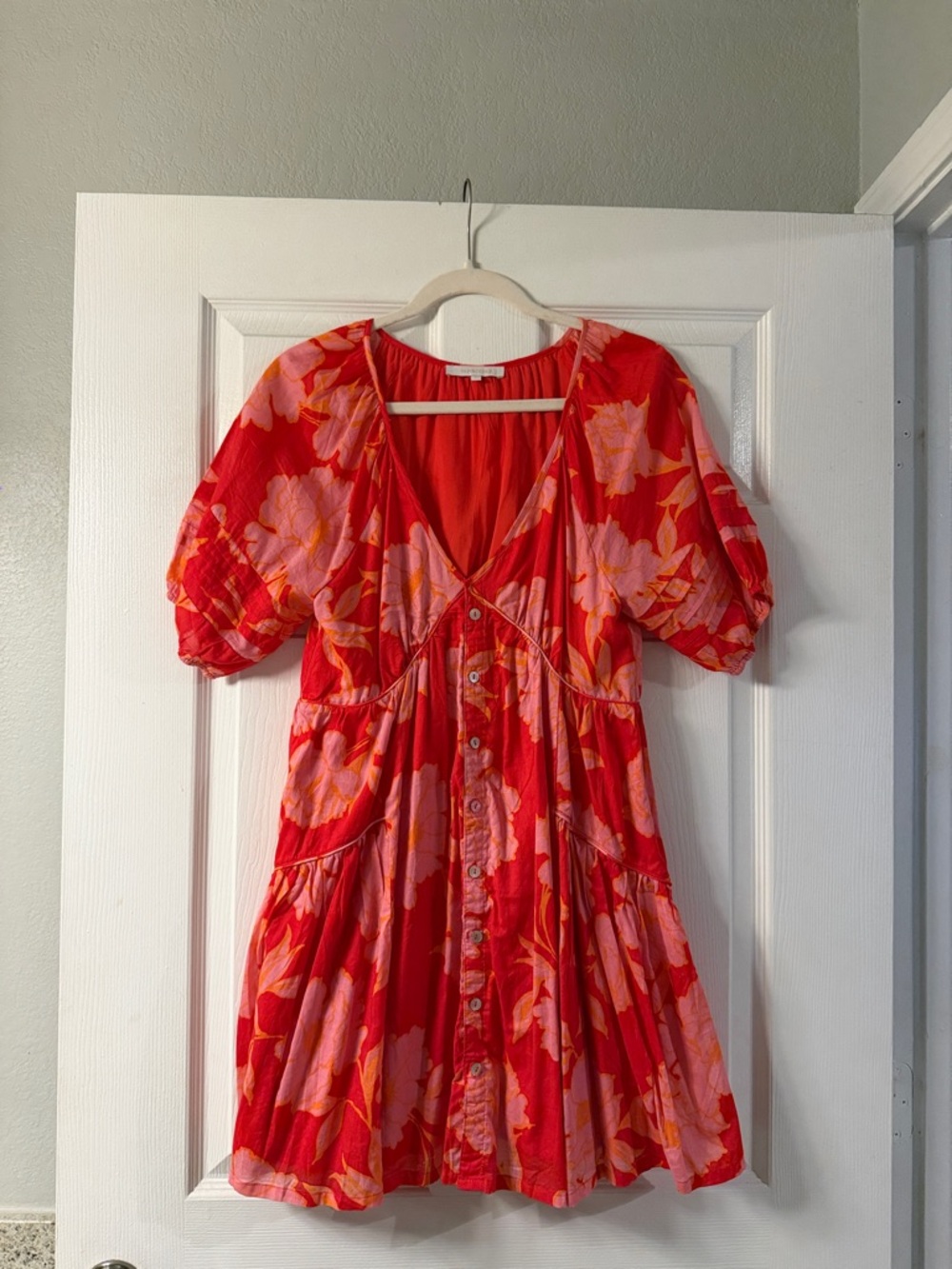 Olivaceous Red Floral Mini Dress with Pink & Orange Accents